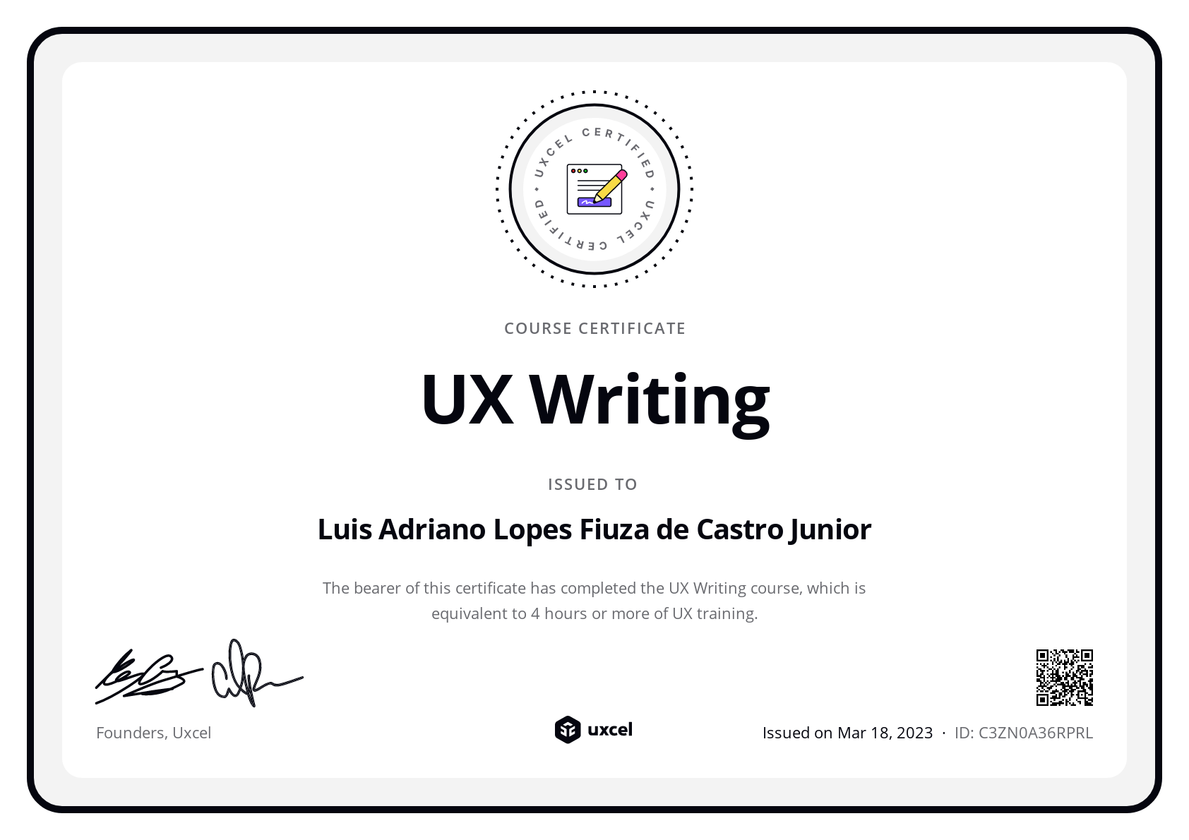 Luis Adriano Lopes Fiuza de Castro Junior's certificate